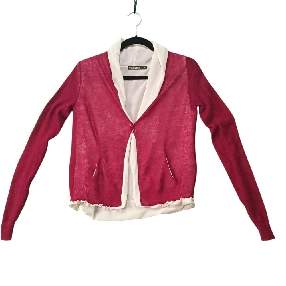$120 EUC TROUBADOR long sleeve cardigan blouse S berry cream mixed media silk - Picture 2 of 6
